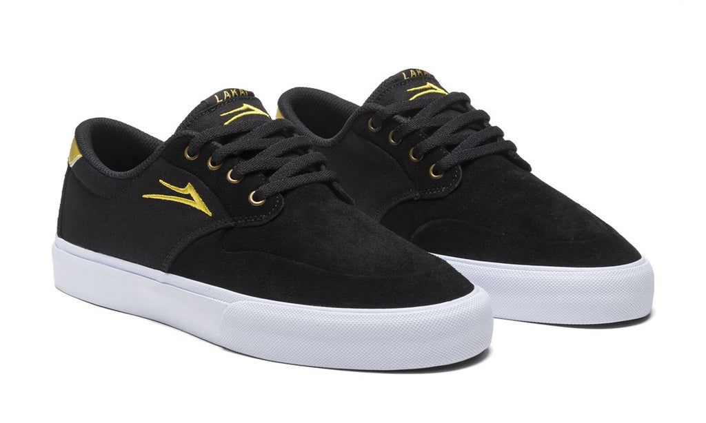 Lakai Riley 3 Skate Shoes - Black-Gold Suede- diagonal.jpg